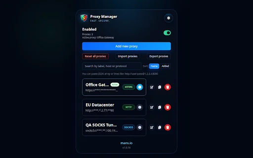 Proxy Manager: Mabilis at Madaling Proxy Switcher para sa Browser - Screenshot 1
